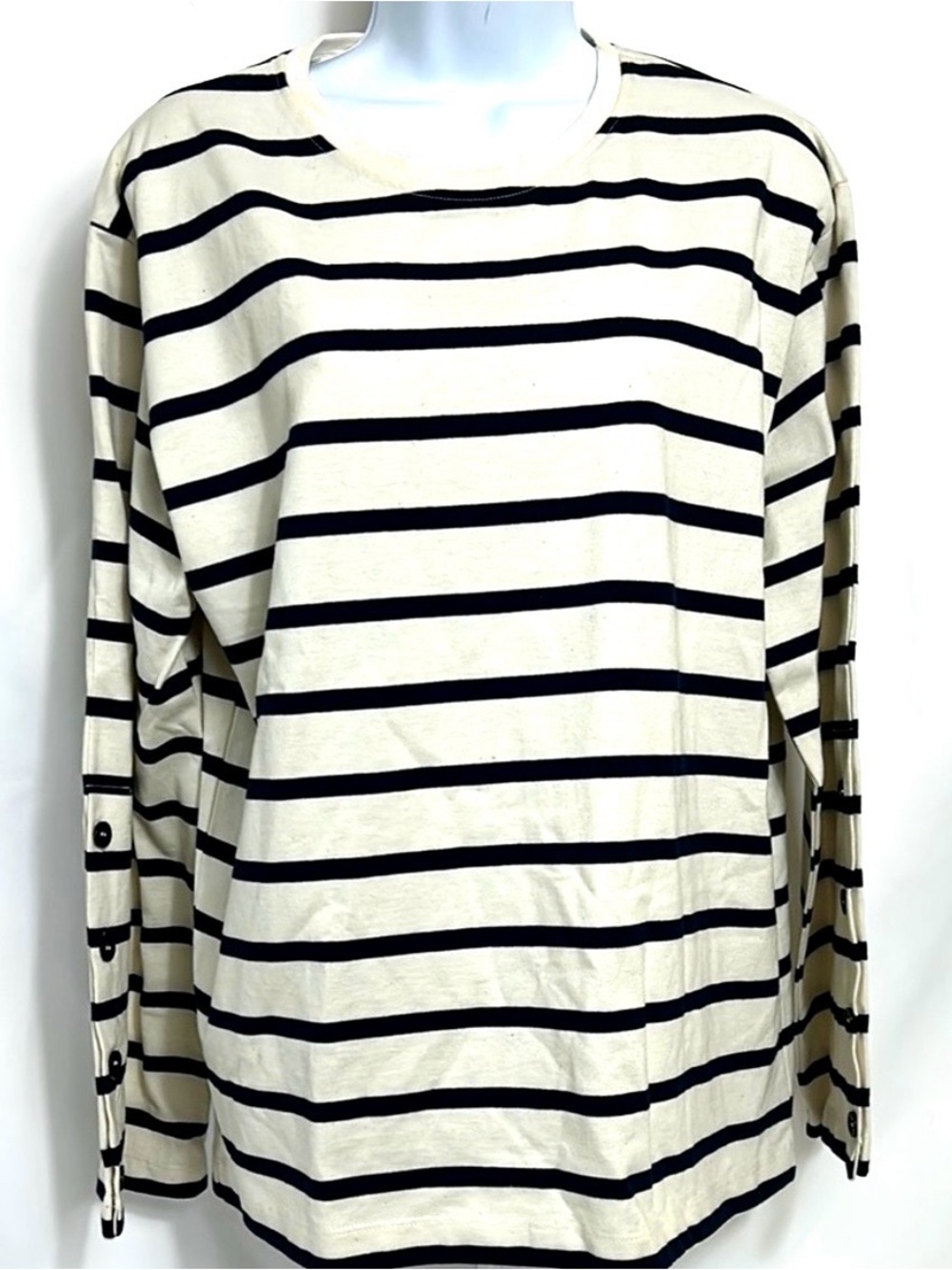 Zara Women’s Size Large Long Sleeve Pullover Off White Navy Stripes Shirt